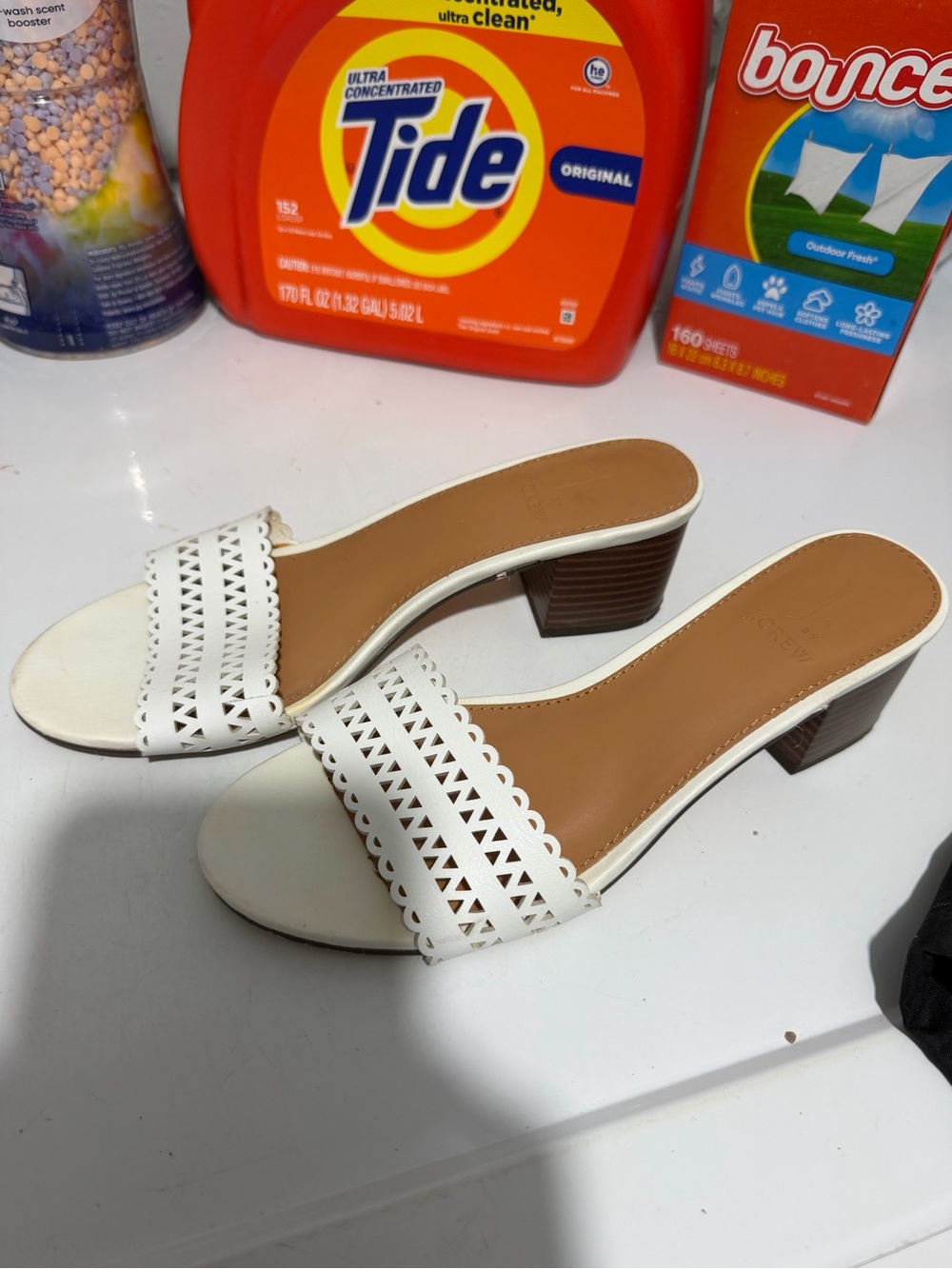 J. Crew White Perforated Slide Mules with Low Block Heel